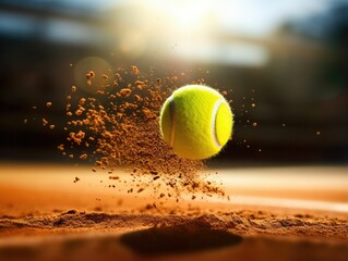 Photograph of a tennis ball bouncing on clay tennis court - obrazy, fototapety, plakaty