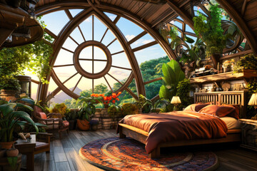 Whimsigothic wood fantasy bedroom interior design with large windows looking out at forest jungle