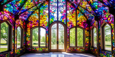 Whimsigothic style colorful stained glass greenhouse, wide - Powered by Adobe