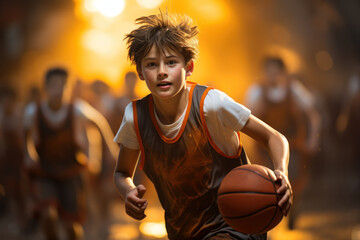 Youth basketball players engaged in a fiercely competitive game, each basket celebrated with fervor. Concept of passionate basketball. Generative Ai.