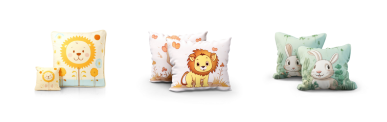 lion bunny, rabbit and sun cartoon drawing animal characters print pattern on plushie pillow or kids bedroom cushion decoration isolated on transparent png background cutout