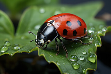 A ladybug with its red shell and black spots perched on a green leaf, a symbol of luck in many cultures. Generative Ai.