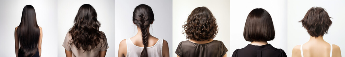 Various haircuts for woman with dark brown hair - long straight, wavy, braided ponytail, small perm, bobcut and short hairs. View from behind on white background. Generative AI - Powered by Adobe