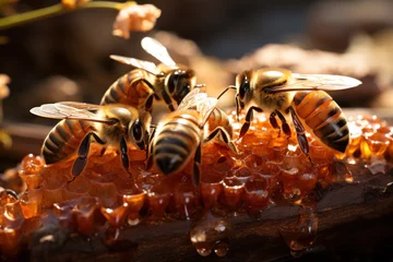 Küchenrückwand glas motiv A colony of bees swarming around a beehive, working together to produce honey. Generative Ai. © Sebastian