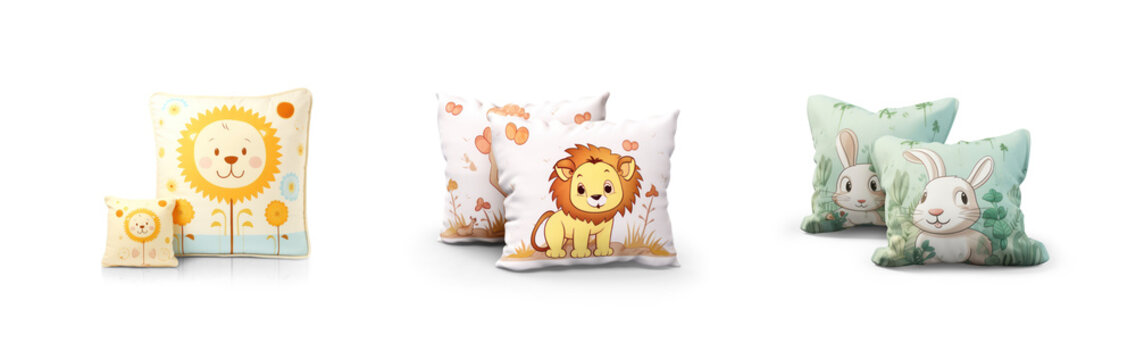 lion bunny, rabbit and sun cartoon drawing animal characters print pattern on plushie pillow or kids bedroom cushion decoration isolated on transparent png background cutout