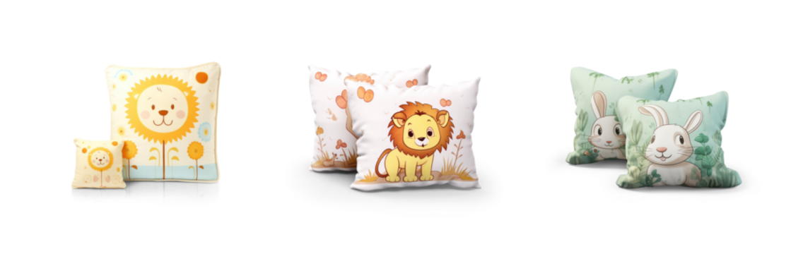 lion bunny, rabbit and sun cartoon drawing animal characters print pattern on plushie pillow or kids bedroom cushion decoration isolated on transparent png background cutout