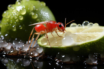 A tiny aphid excreting honeydew while being tended to by ants, highlighting the interdependence of insect species. Generative Ai.