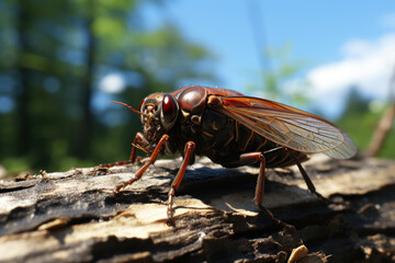 A cicada perched on a tree trunk, its summer song echoing through the woods. Generative Ai.