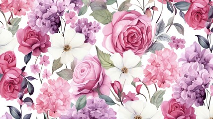 watercolor seamless pattern with different kinds of flowers and leaves