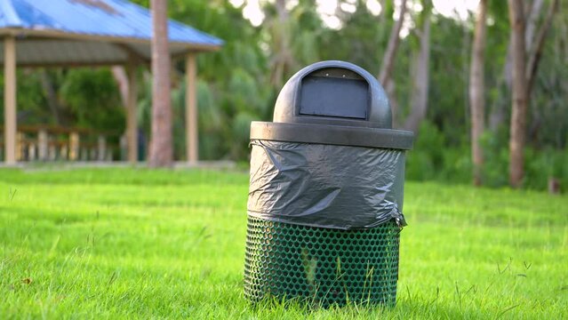 Green recycling bin with plastic bag on green lawn in town park. Litter collection concept