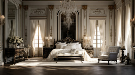 luxurious bedroom has a plush four-poster bed and an ornate rug and and a crystal chandelier - obrazy, fototapety, plakaty