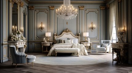 luxurious bedroom has a plush four-poster bed and an ornate rug and and a crystal chandelier - obrazy, fototapety, plakaty