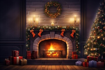 Living-room decorated for Christmas with fireplace and presents