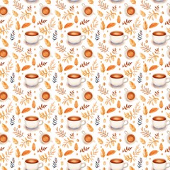 Watercolor cup of coffee with autumn leaves, seamless pattern on white