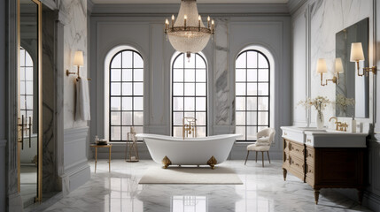 luxurious bathroom features a white clawfoot tub and a marble vanity and a large and walk-in shower Gold fixtures adorn the walls and a large mirror hangs above the sin - obrazy, fototapety, plakaty