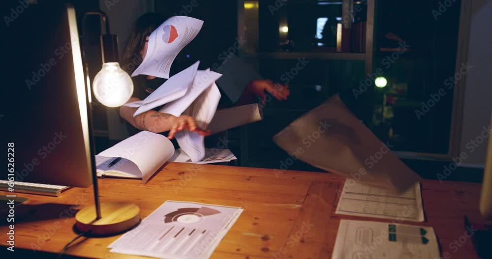 Poster business woman, office and paperwork chaos, mess or disorganized by wind for night planning or data 
