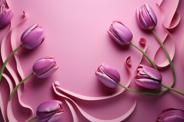 Aerial view of pink and purple tulips with paper swirl on pink background. Generative AI