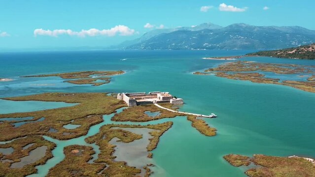 Aerial drone footage of Ali Pasha Castle in Butrint National Park, Ksamil 