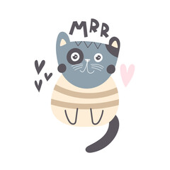 cartoon cat, hand drawing lettering. colorful vector flat style illustration for kids. baby design for cards, prints, posters, cover