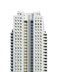 Front view of a white modern skyscraper perfect symmetry with blue sky and copy space. Transparent background