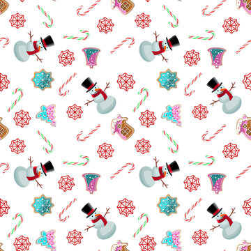 Christmas seamless pattern with snowman, candy canes and snowflakes.