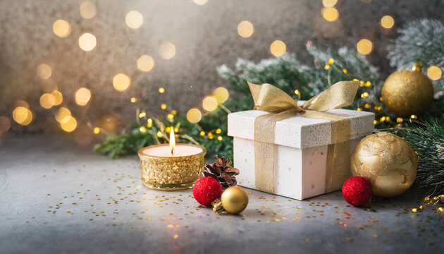 white gift with christmas decorations background