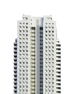 Fototapeta Front view of a white modern skyscraper perfect symmetry with blue sky and copy space. Transparent background