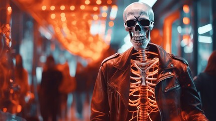 Halloween holiday, a scary skeleton in the guise of a man with pumpkins. the day of the Dead. European festival of the dead. horror. - obrazy, fototapety, plakaty