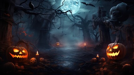 Halloween holiday. creepy dark forest with pumpkins.