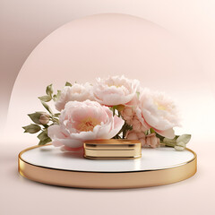 Fototapeta na wymiar Podium or pedestal with peonies in gold and beige tones. Copy space. 3d.
