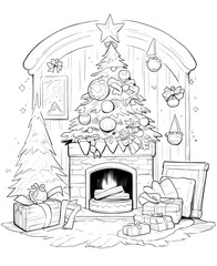 Coloring book for children, Christmas tree with fireplace.