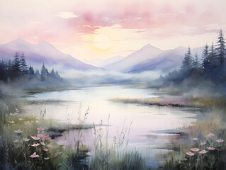 Dusk's calm with dreamy watercolor landscape of distant hills