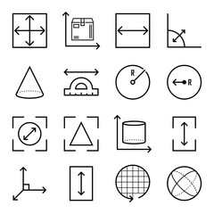 Square, perimeter, distance and diameter icons. Dimension, area and perimeter measure concept. Geometric symbols collection. Vector set of linear geometry icons.