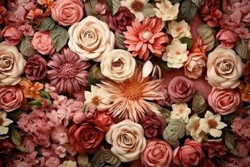 Romantic floral wall with roses and colorful flowers. Elegant, bright 3D render. Generative AI