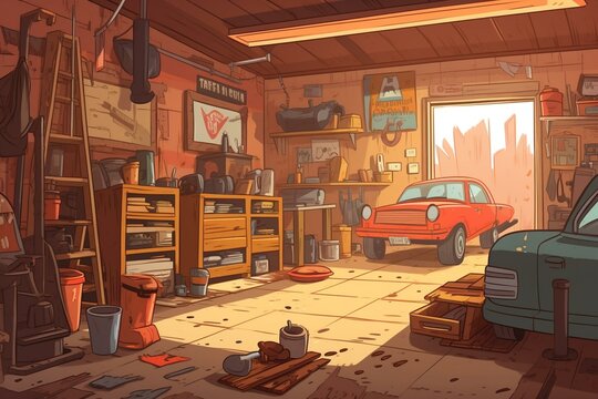 Interior of a small-scale car repair shop depicted in a cartoon-style. Generative AI