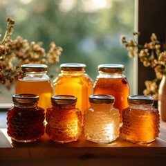 Honey in glass jars on a wooden shelf in a rustic kitchen