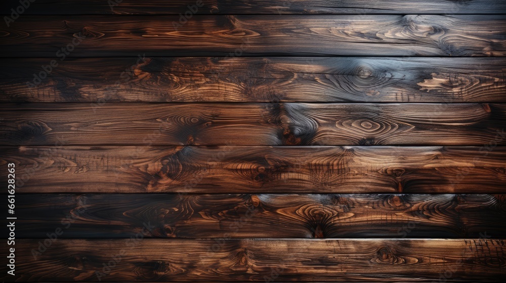 Wall mural old wood texture background, Horizontally arranged wooden planks with deep brown tones and natural patterns. The polished finish accentuates swirls, waves, and knots. 