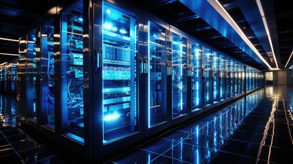 Inside a modern data center, a series of towering server racks stand illuminated with blue LED lights. These racks, encased in clear glass, reveal a dense collection of cables, switches, and hardware