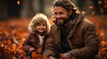 In an autumn setting, a father and child, a man with wavy, shoulder-length hair and a beard smiles warmly as he sits beside a young child with tousled blonde hair. Both are dressed in cozy jackets,