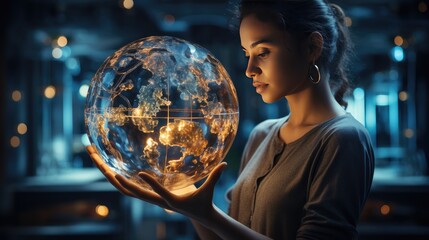 young woman, futuristic environment, gazes, transparent, spherical object. delicately in her hands, vivid representation, Earth, luminous landmasses, intricate, networks,  connections or energy grids. - obrazy, fototapety, plakaty