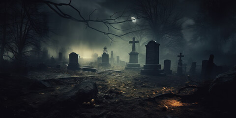 Dark Graveyard at night in the forest 