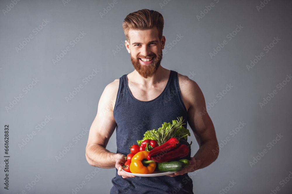 Wall mural Man with healthy food