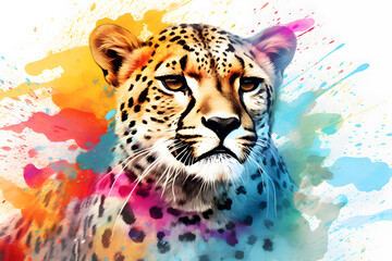 Modern colorful watercolor painting of a ANIMAL, textured white paper background, vibrant paint splashes. Created with generative AI