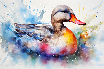 Modern colorful watercolor painting of a duck, textured white paper background, vibrant paint splashes. Created with generative AI