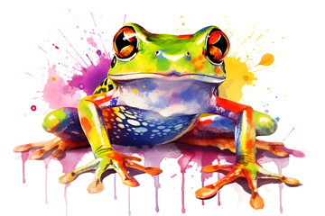 Modern colorful watercolor painting of a green frog, textured white paper background, vibrant paint splashes. Created with generative AI - obrazy, fototapety, plakaty