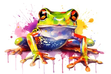 Keuken spatwand met foto Modern colorful watercolor painting of a green frog, textured white paper background, vibrant paint splashes. Created with generative AI © Mihai Zaharia