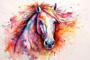 Obraz na płótnie Canvas Modern colorful watercolor painting of a horse or mare, textured white paper background, vibrant paint splashes. Created with generative AI