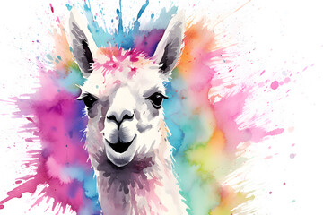Modern colorful watercolor painting of a llama, textured white paper background, vibrant paint splashes. Created with generative AI