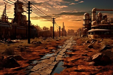 High-resolution image illustrating a post-apocalyptic or wasteland themed background. Generative AI - obrazy, fototapety, plakaty