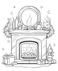 Coloring book for children, Christmas tree with fireplace.